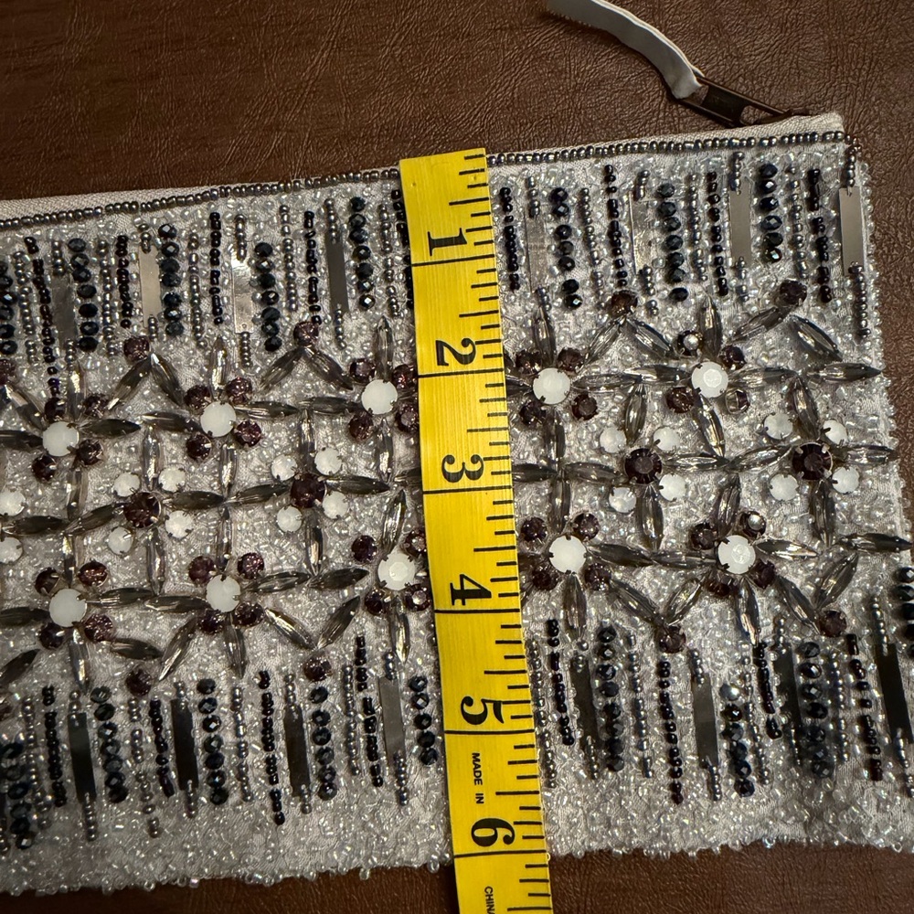 Anthropologie Silver Beaded Crystal Floral Zipper Pouch/ Bag - Picture 5 of 6